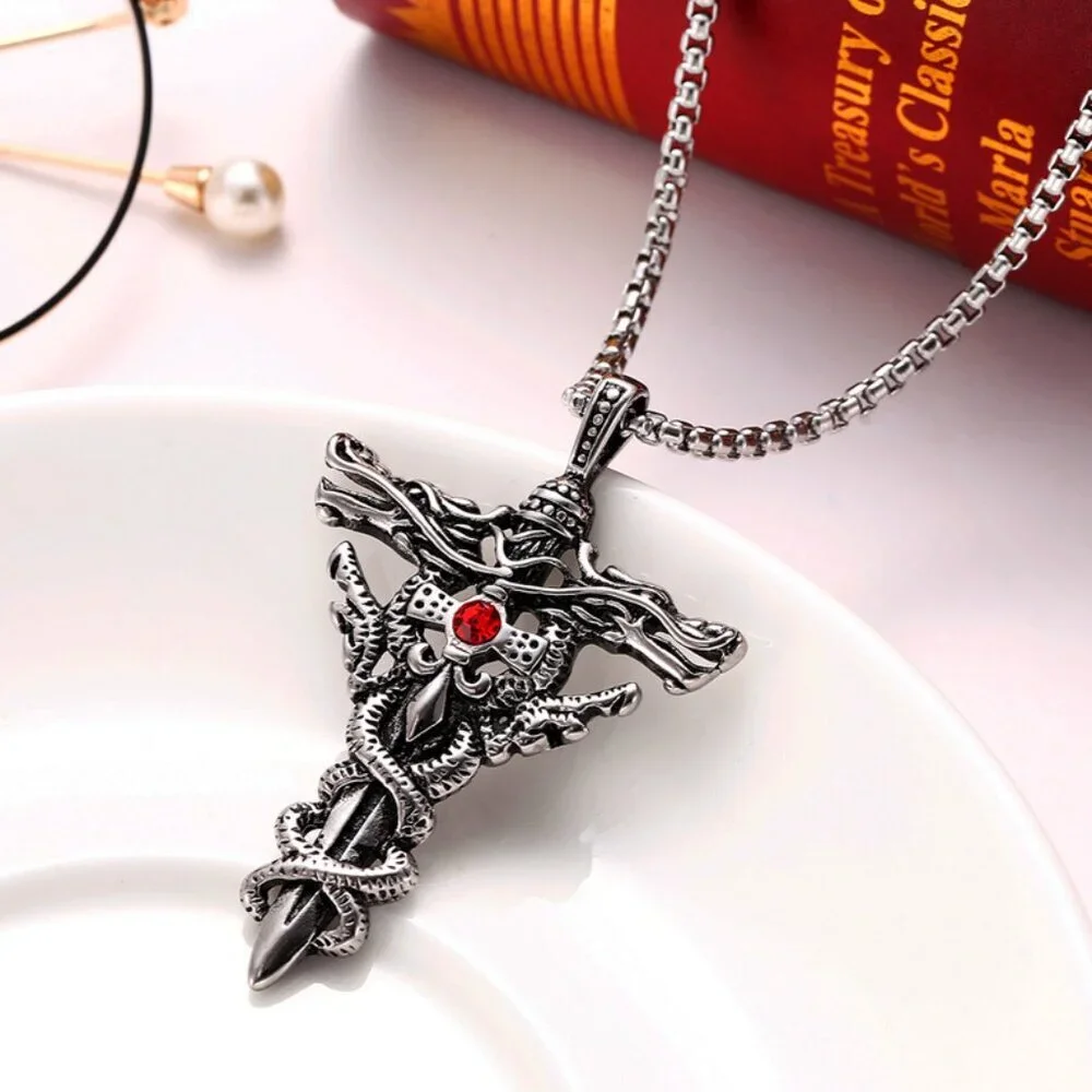 Vintage Double Dragon Sword Necklace for Men, BL55590007
